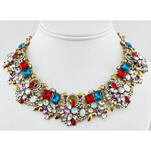 SOHI Mutilcolor Rhinestone Bib Statement Necklace Gold Tone Blue Purple AB India
